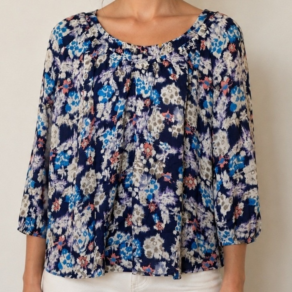 Rebecca Taylor Silk Off The Shoulder Blouse Blue Ikat Floral Print Top Size 4